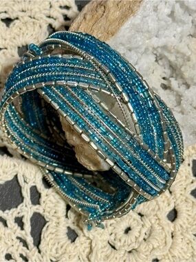 Handmade Blue & Silver Beaded Multi Crossed Strand Bracelet